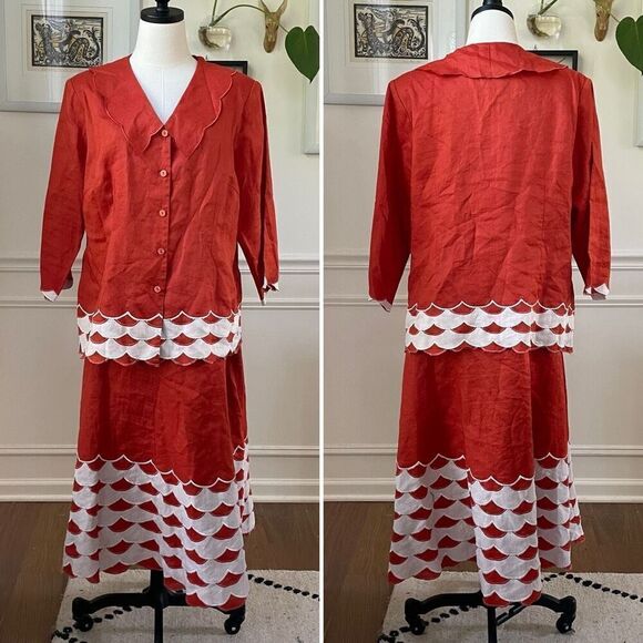 Lino USA 100% Linen Skirt Suit Orange White L - Picture 1 of 12